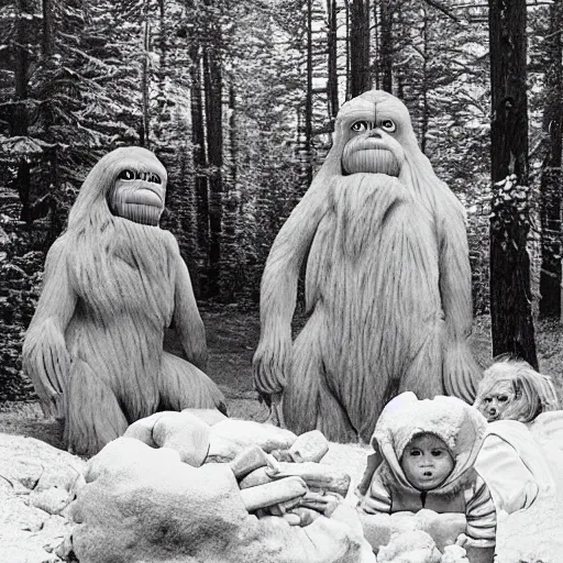 Image similar to Highly detailed, photorealistic, family of Yetis around a bonfire, by Gregory Crewdson