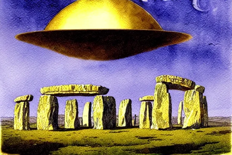 Image similar to a realistic and atmospheric watercolour fantasy concept art of a golden ufo landing on top of stonehenge. by rebecca guay, michael kaluta, charles vess and jean moebius giraud