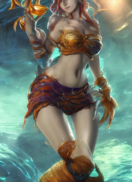 Image similar to nami, from league of legends, au naturel, underwater, fish skinned, hyper detailed, digital art, trending in artstation, cinematic lighting, studio quality, smooth render, unreal engine 5 rendered, octane rendered, art style by klimt and nixeu and ian sprigger and wlop and krenz cushart