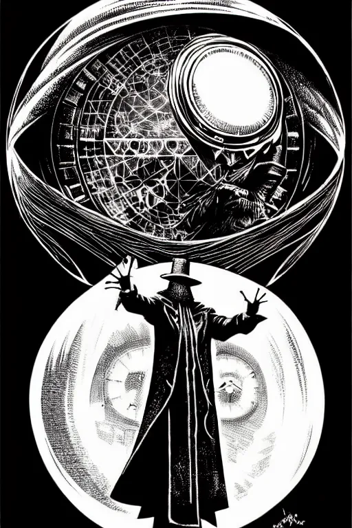 Prompt: cloaked steampunk wizard gazing into a crystal ball, high details, intricately detailed, by vincent di fate, inking, 3 color screen print, masterpiece, trending on artstation,, sharp, details, hyper - detailed, hd, 4 k, 8 k