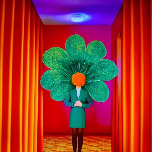 Image similar to giant flower head, frontal, girl standing in mid century hotel, surreal, symmetry, bright colors, cinematic, wes anderson