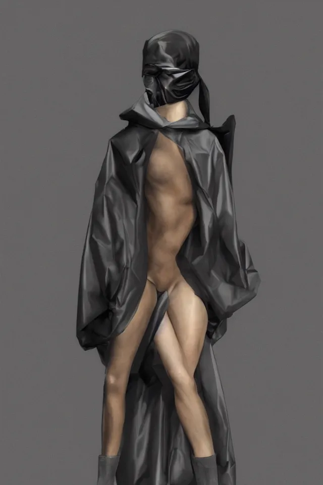 Image similar to realistic render, digital fashion, beautiful faceless androgynous person in tactical poncho latex, techwear, iridiscent rim light, high key, ultra detailed, hyperdetailed, dark backdrop, trending on artstation, phil hale, milo manara, alberto mielgo, patrick o'keeffe