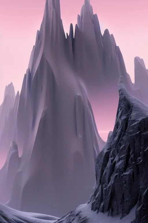 Image similar to futuristic atmosphere in the snowy mountains dolomites 3 d concept art, cinematic lighting, pale pink sunset, rule of thirds, depth of field, intricate details, building by zaha hadid, stormy weather, emissary space by arthur haas and bruce pennington and john schoenherr, cinematic matte painting, dark moody monochrome colors, trending on artstation, featured on behance