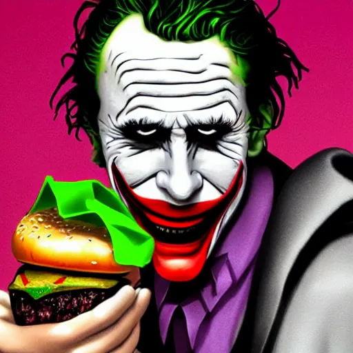 Image similar to the Joker eating burger while extremely sad and crying tears, side angle, hyper realistic, extremely detailed, photo realistic