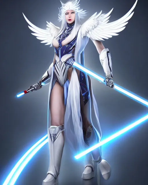 Image similar to perfect white haired attractive egyptian goddess with huge white dove wings holding a light saber, warframe armor, beautiful, symmetric, dreamy, half asian, pretty face, blue eyes, detailed, scifi platform, laboratory, experiment, 4 k, ultra realistic, epic lighting, android body, illuminated, cinematic, masterpiece, art by akihito tsukushi, voidstar