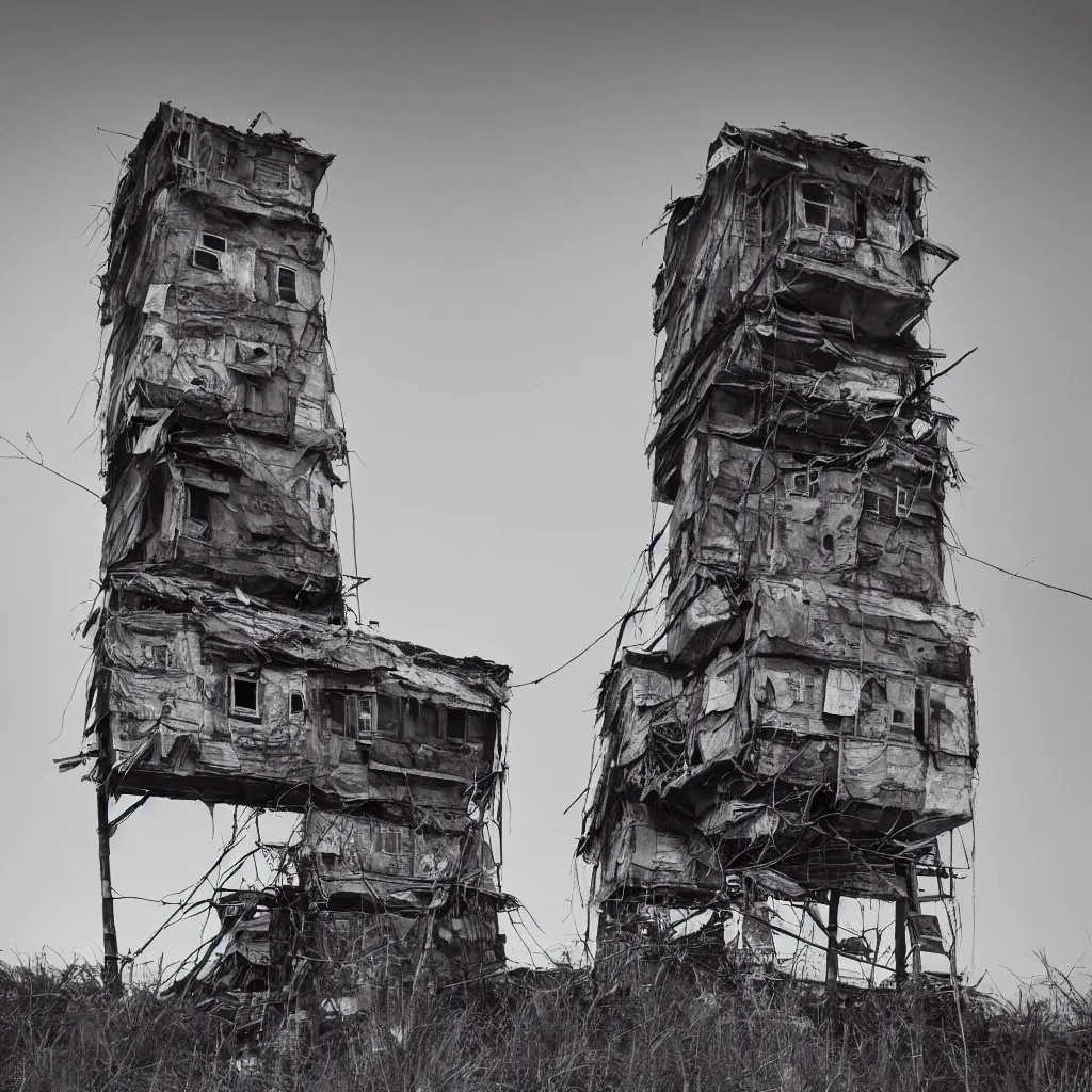 Prompt: close - up view of a large tower made up of suspended makeshift squatter shacks, faded colours, neutral sky, dystopia, soft light, hasselblad x 1 d, very detailed, ultra sharp, photographed by ansel adams