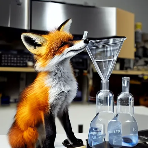 Image similar to fox animals conducting experiments in a chemistry lab, award winning photograph