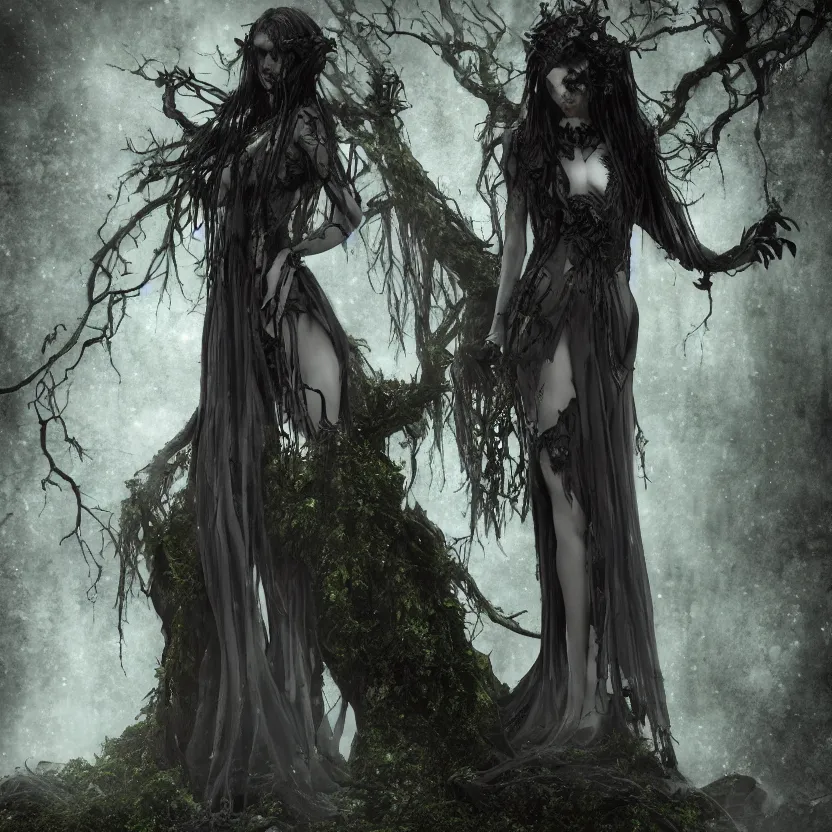 Image similar to stunning Gothic goddess of dryad beauty, dark and mysterious, atmospheric, ominous, eerie, cinematic, Epic, 8k, 4k, ultra detail, ultra realistic, rendered by awesomeness