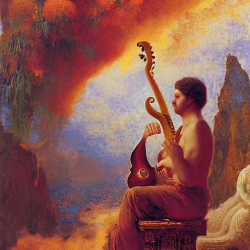 Prompt: niro playing guitar while volcanic eruption playing sitar in baroque painting by gaston bussiere, craig mullins, j. c. leyendecker, lights, art by ernst haeckel, john william godward, hammershøi,,