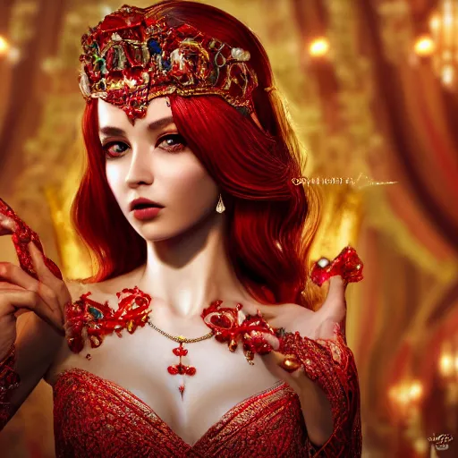 Prompt: wonderful princess with smooth fair skin, alluring eyes, red jewelry, breathtaking, elegant, intricate, ornate backdrop, hyper detailed, accent lighting, 4 k glamour photography, octane render