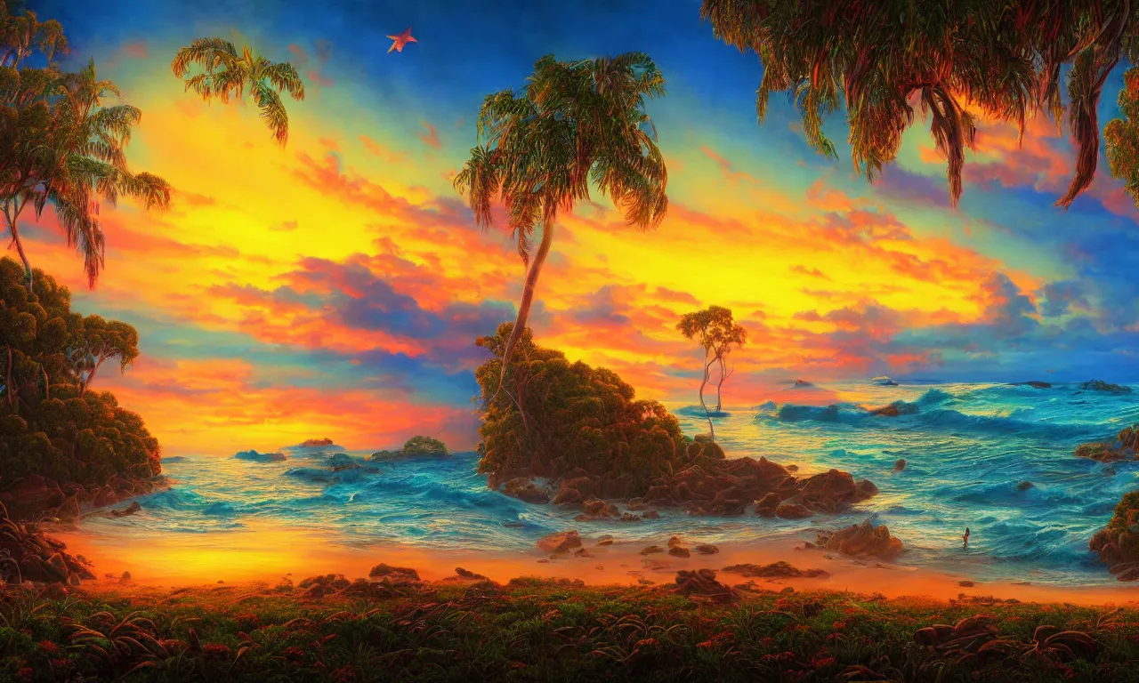 Image similar to Beautiful Australian island sunrise, Mark Ryden style, vivid colors, high details, cinematic, 8k resolution, beautiful detailed, photorealistic, digital painting, happy vibes, artstation, concept art, smooth, sharp focus, illustration, fantasy background, artstation trending, octane render, unreal engine