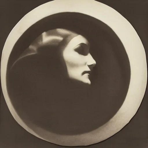 Prompt: the profile of a woman's face looking down at a group of unidentifiable humans cowering in a circle, dark mood, accentuated shadows, in style of william mortensen