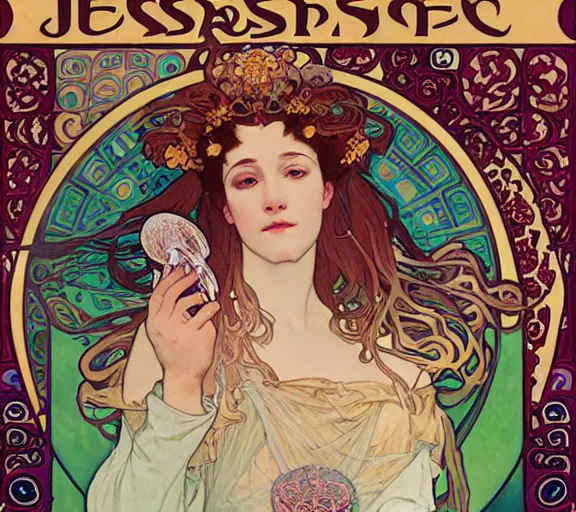 Image similar to the empress of the jellyfish, art nouveau portrait, by alphonse mucha, Adolfo Hohenstein, Alice Russell Glenny, Stanley Artgerm Lau, greg rutkowski, thomas kindkade, loish