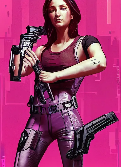 Image similar to beautiful cyberpunk female athlete in pink jumpsuit. lady firing a futuristic red automatic pistol with huge magazine. ad for pistol. cyberpunk poster by james gurney, azamat khairov, and alphonso mucha. artstationhq. gorgeous face. painting with vivid color, cell shading. ( rb 6 s, cyberpunk 2 0 7 7 )