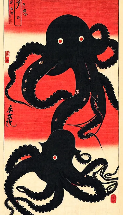 Prompt: an angry black octopus in a frothy red ocean, ukiyo-e