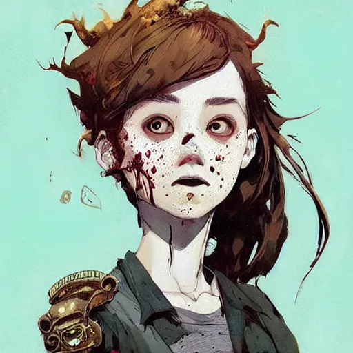 Image similar to Highly detailed portrait of a punk zombie young lady with freckles and brown curly hair hair by Atey Ghailan, by Loish, by Bryan Lee O'Malley, by Cliff Chiang, by Goro Fujita, by Greg Tocchini, inspired by ((image comics)), inspired by nier:automata, inspired by graphic novel cover art !!!gold, silver, opal, brown, black, and white color scheme ((grafitti tag brick wall background))