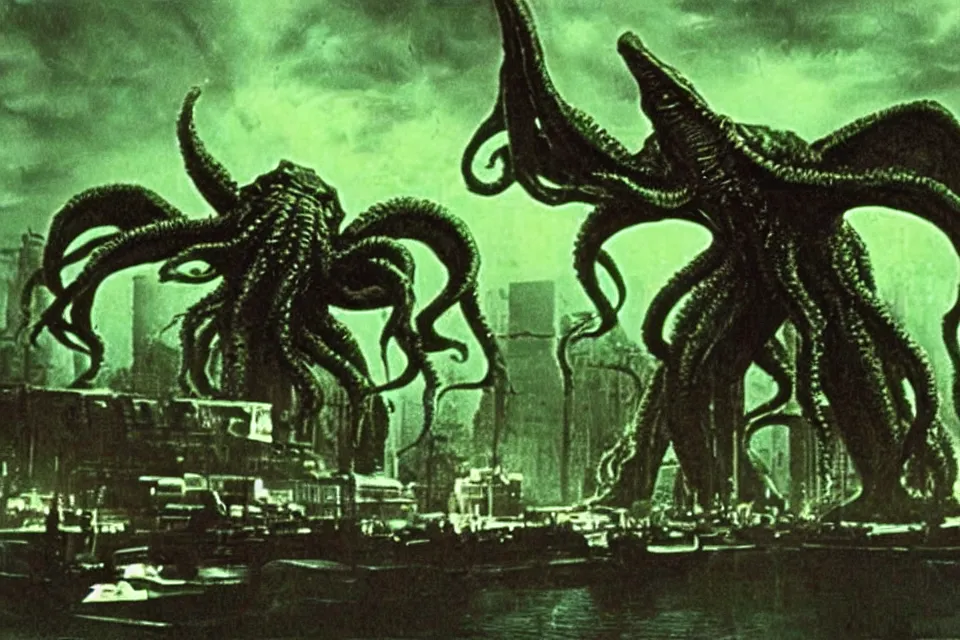 Image similar to still image taken from sci fi horror movie of a cthulhu attacking a city. low camera angle. color photograph, 1 9 7 0 s.