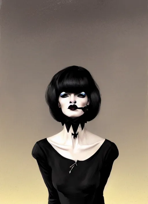 Image similar to portrait of a woman with a crooked nose and a confident expression, 1 9 6 0 s, black clothes, goth, punk, brightly coloured hair, funk, intricate, elegant, highly detailed, digital painting, artstation, concept art, smooth, sharp focus, illustration, art by wlop, mars ravelo and greg rutkowski