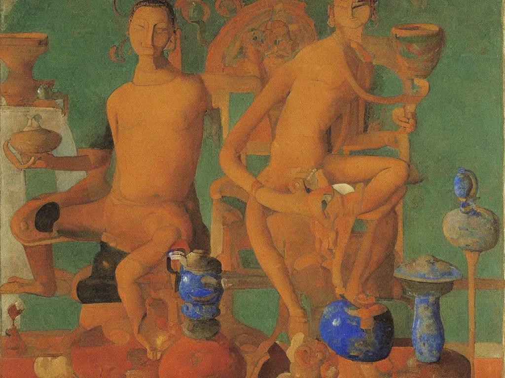 Prompt: Portrait of a Tantric deity with amphora. Lapis Lazuli, malachite, cinnabar. Painting by Balthus, Morandi