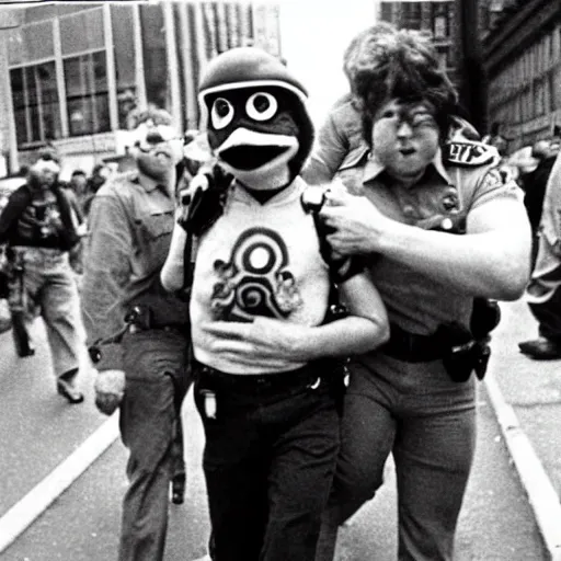 Image similar to Photograph of the Crazy Frog being arrested in a 1970s protest