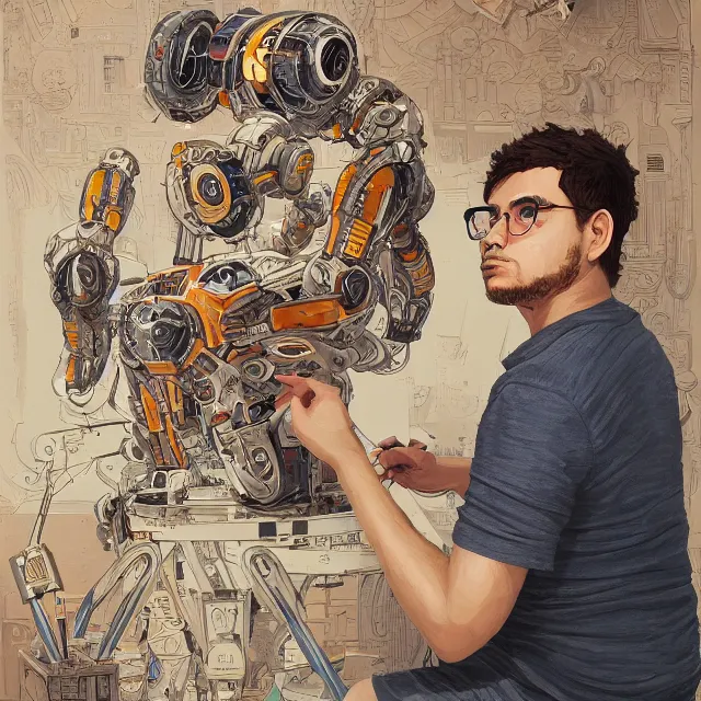 Image similar to robot artist painting a self - portrait on a canvas. intricate, highly detailed, digital matte painting, in the style of alexandros pyromallis, and in the style of sachin teng, and in the style of hans thoma, and in the style of siegfried reinhardt. irony, recursion, inspiration.