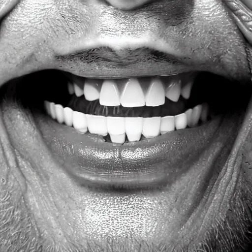 Prompt: scary photograph of a man with yellow decaying teeth, close up photograph taken on an iphone 4, flash lighting in a dark room, 4 k