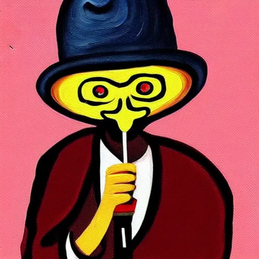 Prompt: a painting of a person with a hat and a pipe, digital art by Gabriel Ba, featured on instagram, psychedelic art, art on instagram, cosmic horror, psychedelic