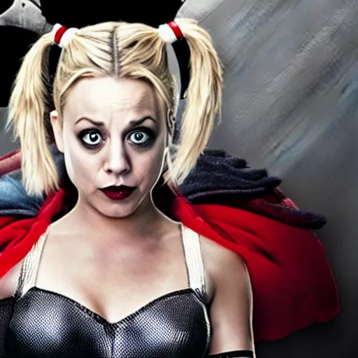 Image similar to A still of Kaley Cuoco as Harley Quinn