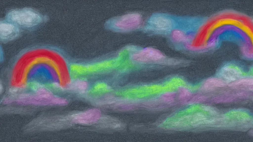 Prompt: digital chalk painting of rainbow in dark sky. black puffy clouds. slanting rain.
