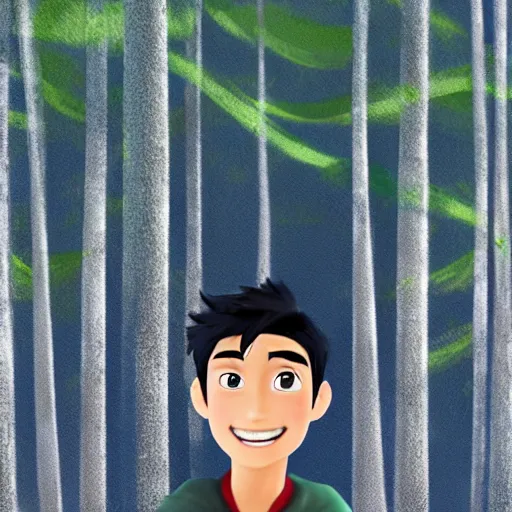 Image similar to tadashi from big hero 6 infront of a forest, profile picture, digital illustration