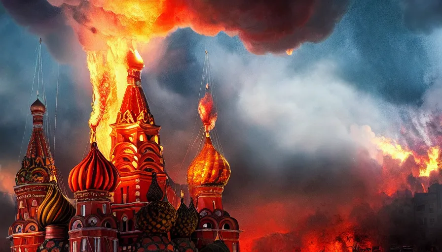 Prompt: Fire and explosions on Red Square, St Basil cathedral is destroyed by a nuke, sci-fi concept art, nuclear mushroom, lots of fire, panic, dark, clouds, 8k, high detail, advanced rendering whimsically designed art, 4k post-processing highly detailed, Soft illumination