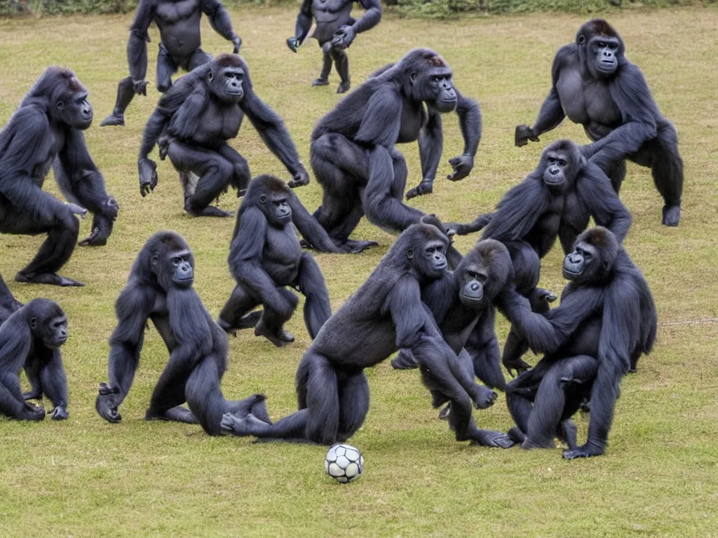Prompt: gorillas playing a soccer game, vivid