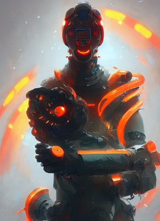 Prompt: a robotic man, cyberpunk, koi fish, orange spike aura, detailed artwork trending on artstation by greg rutkowski