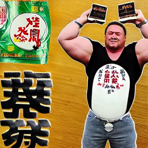 Image similar to the worlds strongest man lifting a bar bell made of soy sauce packets. japanese anime