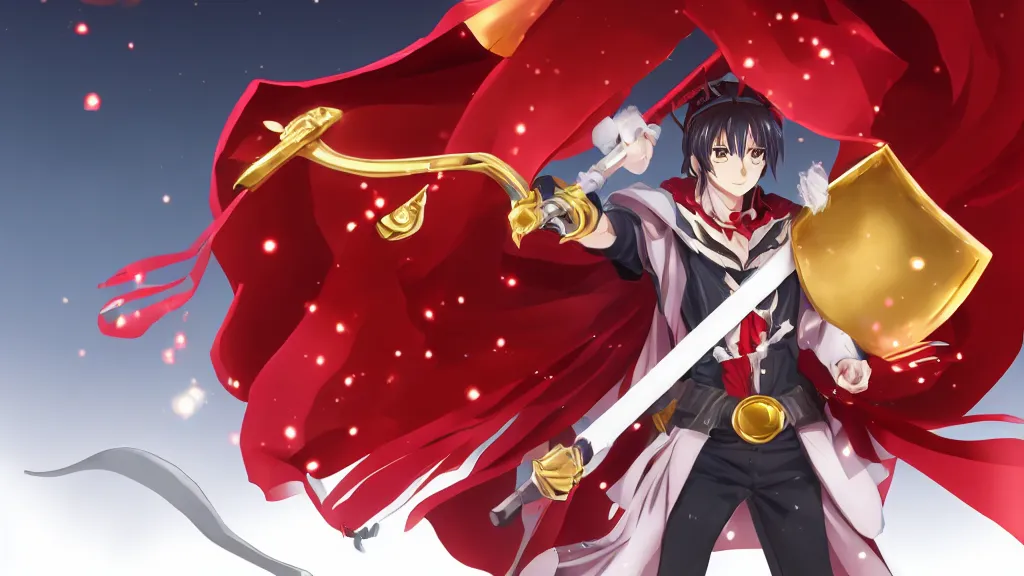 Prompt: a digital art of an original anime character with red cape, silver crown and golden sword