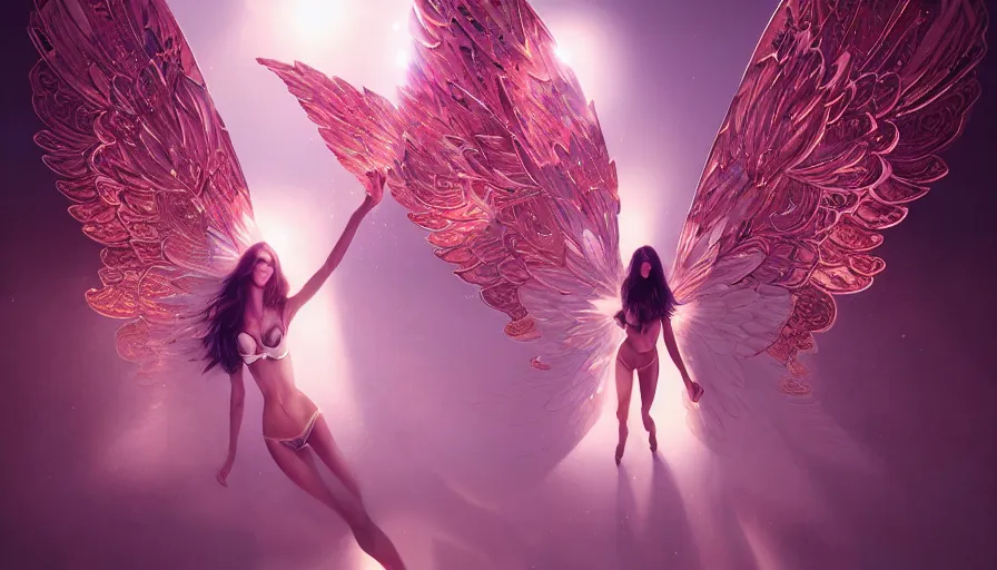 Image similar to victoria secret runway show, light, shadows, reflections, flowers, wings, epic composition, intricate, elegant, volumetric lighting, digital painting, highly detailed, artstation, sharp focus, illustration, concept art, ruan jia, wlop, steve mccurry, artgerm, mina petrovic, timothy kong, marina federovna