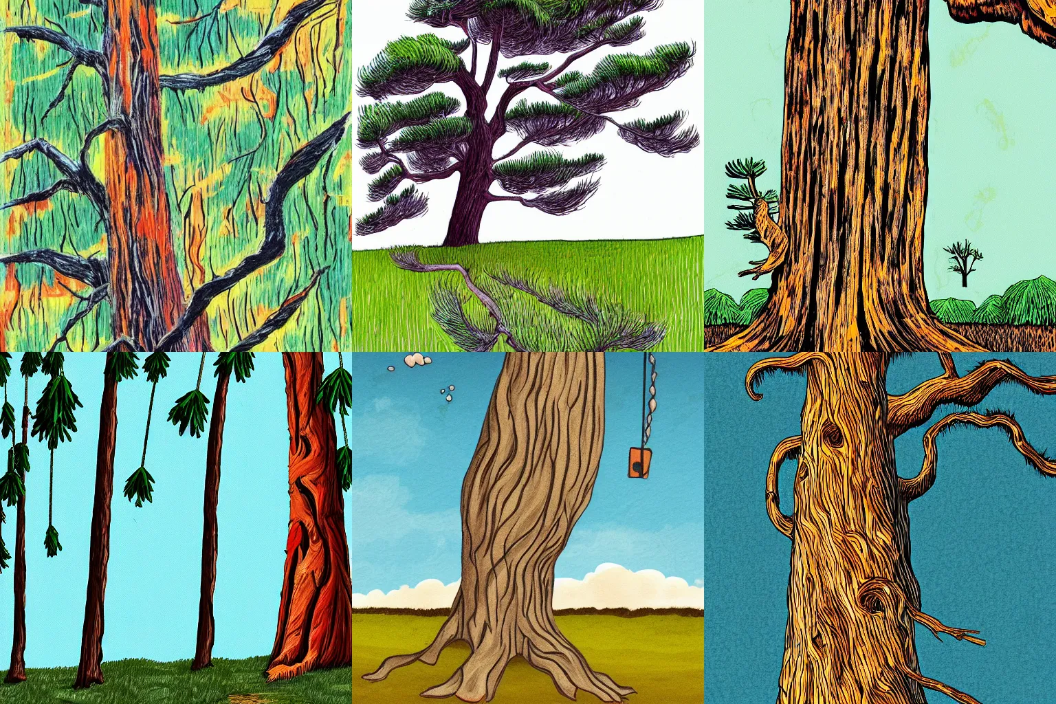 Prompt: munimal illustration, cypress, tree, wind, strong, tall, old, colourful