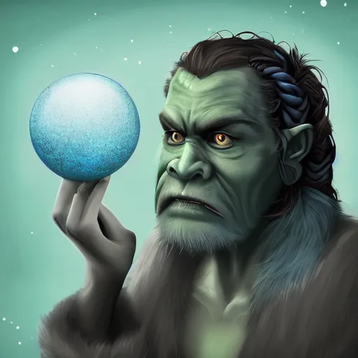 Image similar to Digital art portrait of a half-orc druid, wearing a long grey fur robe and holding a sphere of magical blue water 4k