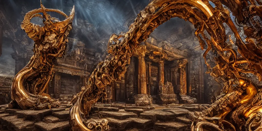 Image similar to ancient temple made of ribs and spines and teeth, gold ram horns, copper goat skulls, grand imposing powerful sculpture. swirls of mist. intense light beams, lens flare. occult photorealism, uhd, amazing depth, volumetric lighting, cinematic lighting. epic landscape.