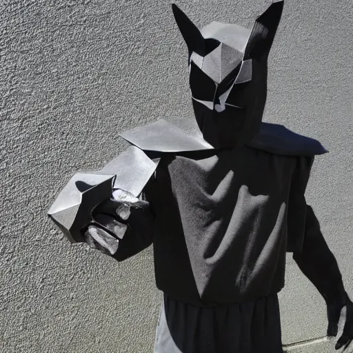 Image similar to a highly detailed picture of a man wearing a epic homemade shadow hero costume