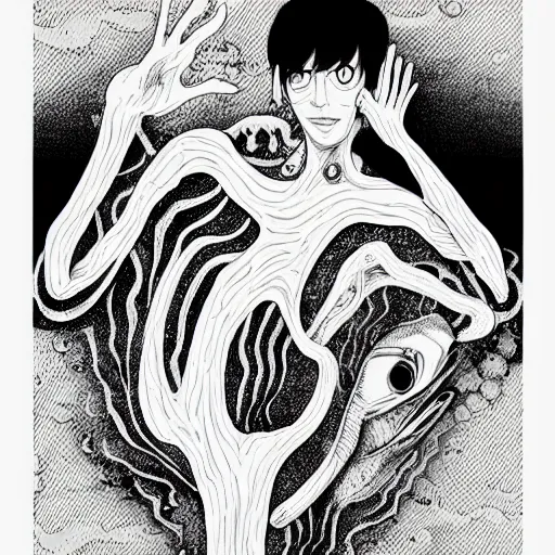 Image similar to black and white illustration creative design, fish, junji ito, body horror