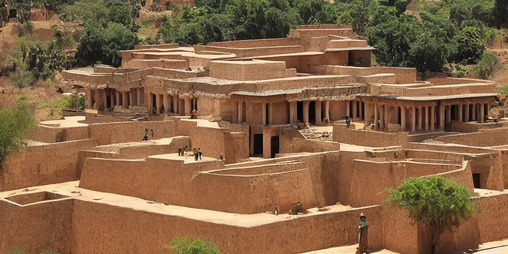 Prompt: ashanti rammed earth palace, 1 8 7 4, the palace is located atop a hill and overlooks a traditional african city, there a lush forest surrounds it