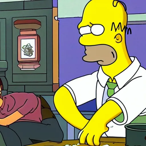 Prompt: Homer Simpson cooks meth with Jesse Pinkman, still from the show Breaking Bad