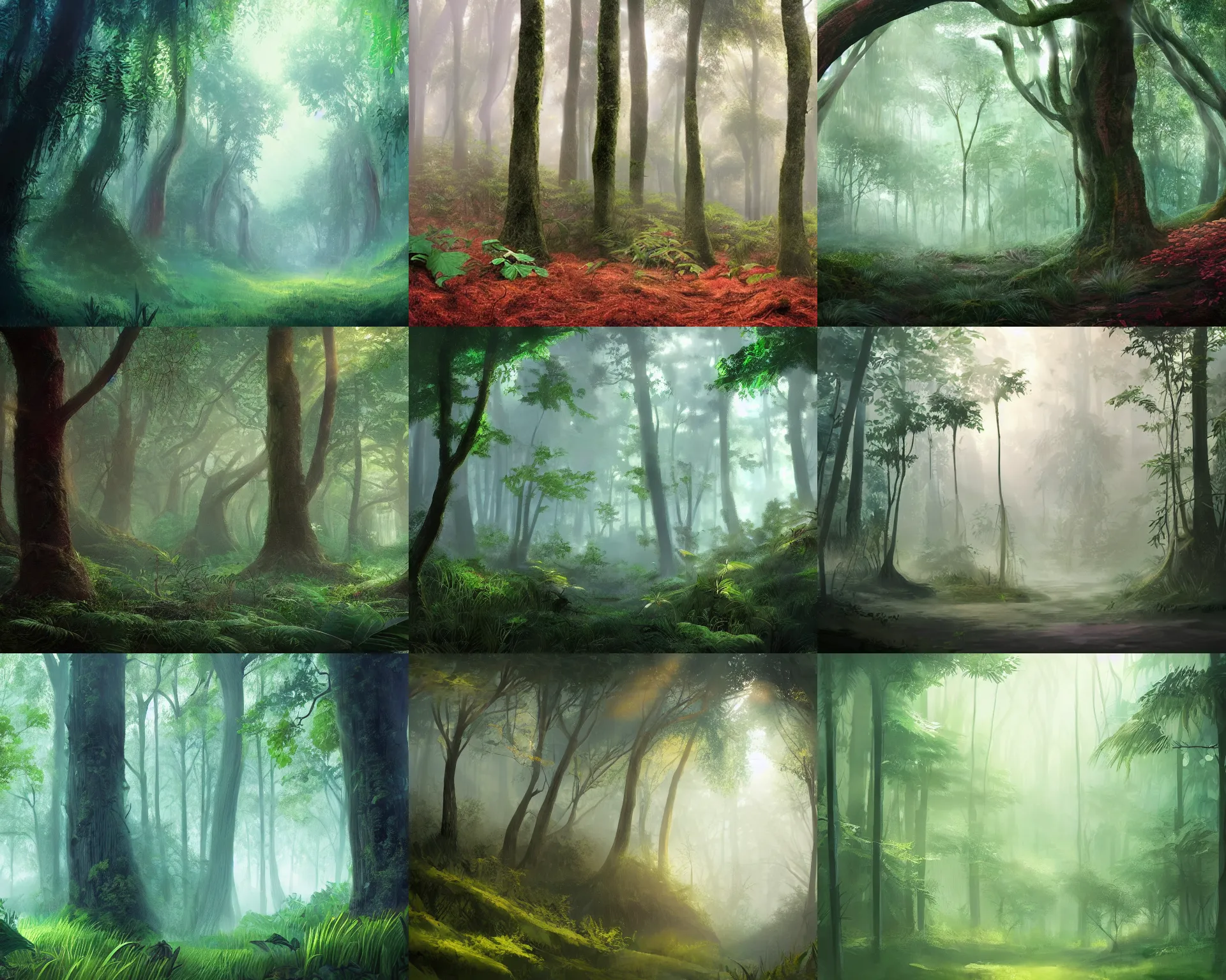 Prompt: beautiful forest in a humid subtropical climate, complementary color scheme, award winning concept art, trending on artstation