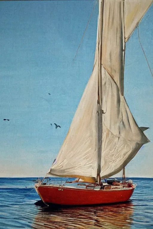 Prompt: A beautiful 40 feet Swedish sailboat from the 1950s in The Swedish archipelago. Pocky the dog is guarding on deck, natural sunlight, renaissance oil painting on canvas.