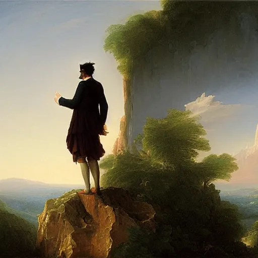 Prompt: a man standing on the ledge by thomas cole