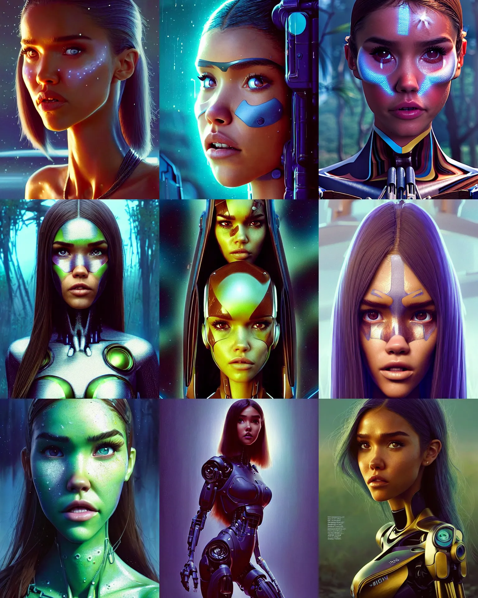 Prompt: pixar sci - fi movie still portrait photo of madison beer, jessica alba : : as hero swamp woman cyborg by pixar : : by greg rutkowski, wlop, ilya kuvshinov, rossdraws, artgerm, weta, marvel, elaborate patterned makeup, unreal engine, wet skin, pearlescent, bright morning, anime girl, vogue magazine cover, : :