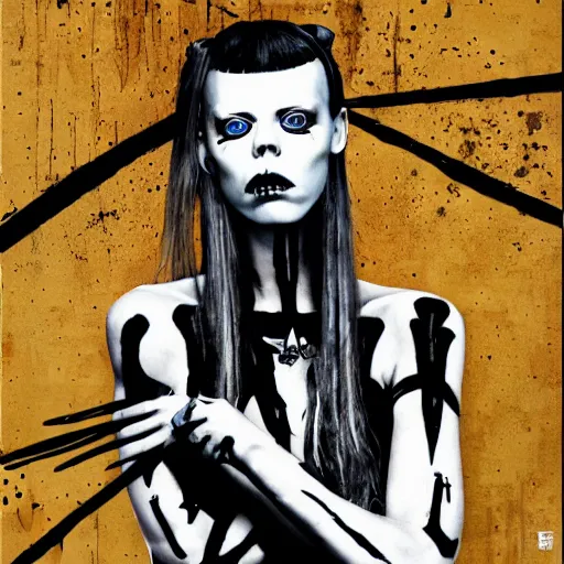 Image similar to die antwoord yolandi portrait, back and white, zef design graffiti in the background, dark lighting, freaky, digital art