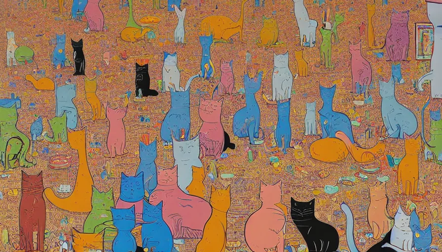 Image similar to highly detailed contemporary acrylic painting of really tall sitting cats by geof darrow, thick brush strokes and visible paint layers, vivid multicolor scheme