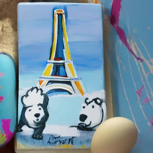 Image similar to A polar bear painting easter eggs in front of the Eiffel Tower